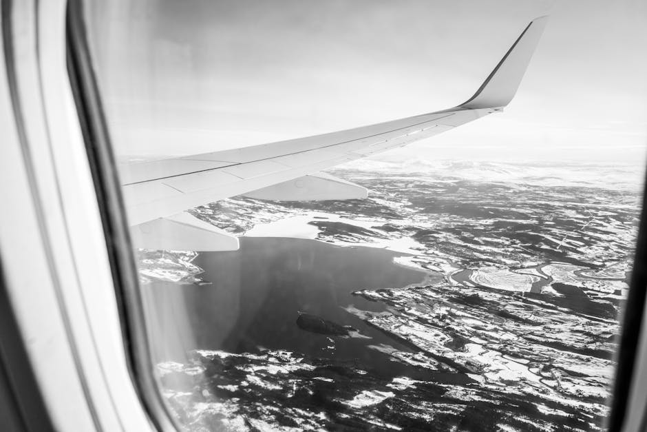 View from airplane window showing wing over a snowy landscape, captured in grayscale.